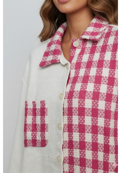 Kadın Pembe Oversize Fit Ekoseli Desenli Uzun Kollu %100 Pamuk Gömlek, Ceket, Kadın Oduncu Gömlek Pembe