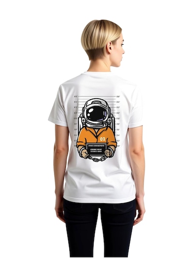 Paybuy Kadın Retro Uzay Temalı Baskılı Kısa Kollu Tişört Astronot Polis Beyaz