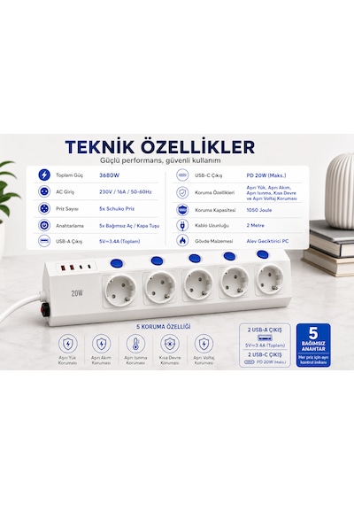 5'li Akım Korumalı Çoklu Priz 2 Metre Kablolu 3680w 16a 5 Bağımsız Anahtarlı 2 Usb-a 2 Usb-c Pd 20w Hızlı Şarj Destekli 2 m