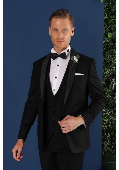 Efor Black 069 Slim Fit Yelekli Çıkarılabilir Saten Yaka Çift Yırtmaçlı Siyah Damatlık Smokin Takım Siyah Efor Black 069 Slim Fit Yelekli Çıkarılabilir Saten Yaka Çift Yırtmaçlı Siyah Damatlık Smokin Takım Siyah