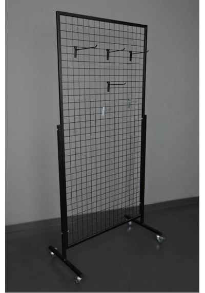 Tekerlekli Sık Telli Tel Raf - Tel Pano Stand, Duvar Askılığı 90x190 Cm Siyah