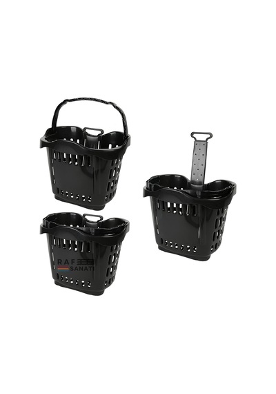 5 Adet - 43 Lt Tekerlekli Market Sepeti Plastik Alışveriş Sepeti Ergonomik Çift Saplı Siyah