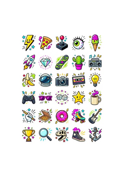 30 Adet Eğlenceli Neon Pop Art İkonları Sticker Seti - Laptop Telefon Ve Defter Çok Renkli