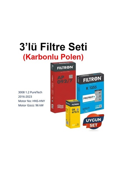 Netparset Peugeot 3008 1.2 Puretech 2016-2023 Filtron 3'lü Filtre Seti Karbonlu