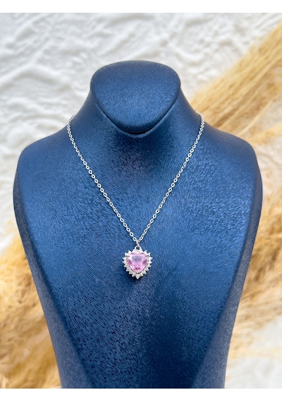 925 Ayar Gümüş Kalpli Pembe Kuvars Taşlı Kadın Kolye Romantik Hediyelik Gümüş