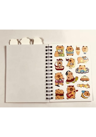 3'ü 1 Arada Spiral Defter Capybara 11x16.5 Cm Sticker Defteri Sarı Açık Gri