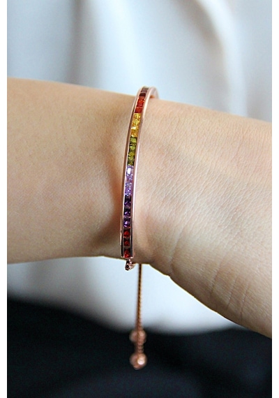 925 Ayar Gümüş Renkli Baget Taşlı Asansörlü Bileklik - B083801 Rose Gold