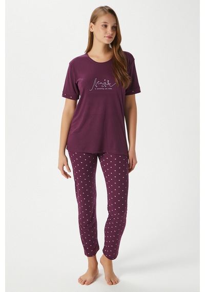 Ritnice Kadın Magic Viskon Bisiklet Yaka Kısa Kol Mürdüm Alt Üst Pijama Takımı Mürdüm