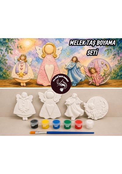 Melek Taş Boyama Seti 4 Obje + 6 Renk Boya + 1 Fırça + Boyama Sertifikası
