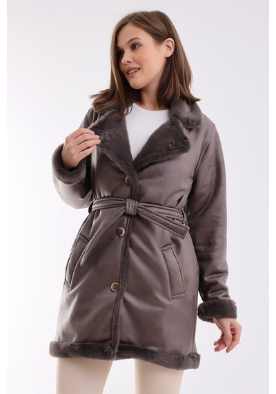 Winmoda34 Kadın İçi Kürklü Deri Kaban Ceket Külgri