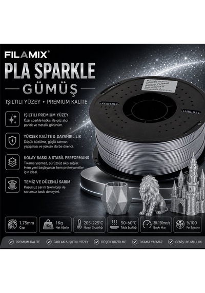 Filamix Pla Sparkle Gümüş Filament 1.75mm 1kg Simli Parlak Yüzey