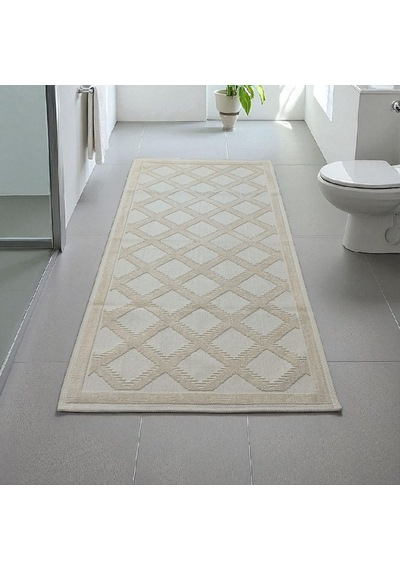 Pamuklu Kaymaz Taban Dikdörtgen Banyo Paspası 80x150 Cm, Pamuk Dokuma Banyo Halısı Krem