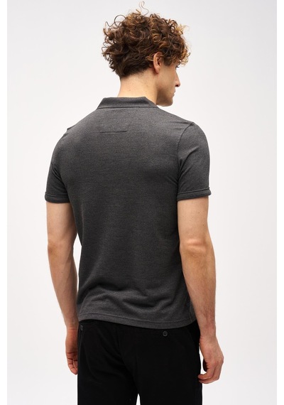 Antrasit Slim Fit Dar Kalıp Fermuarlı Polo Yaka Düz Kısa Kollu Tişört-16410 Gri