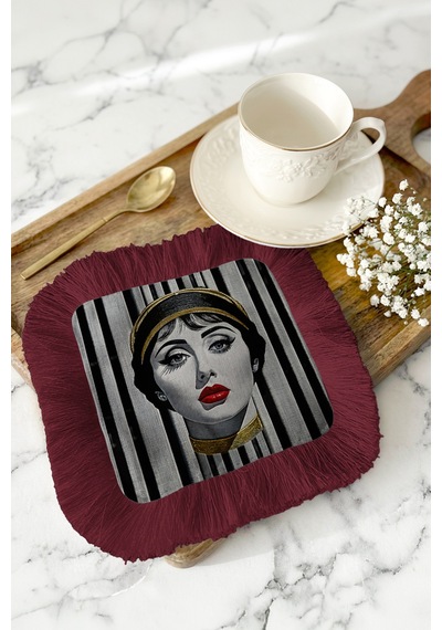 Lüks Portreli Saçaklı Sunum Peçetesi - Sanatsal Glam Retro Bordo Altın Renkli Bardak Altlığı Mendil Çok Renkli