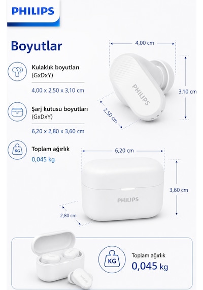 Philips Tat3509wt/00 True Wireless Bluetooth Kulaklık, Anc Pro 24 Saat Pil Bluetooth 5.3 Ipx4, Beyaz