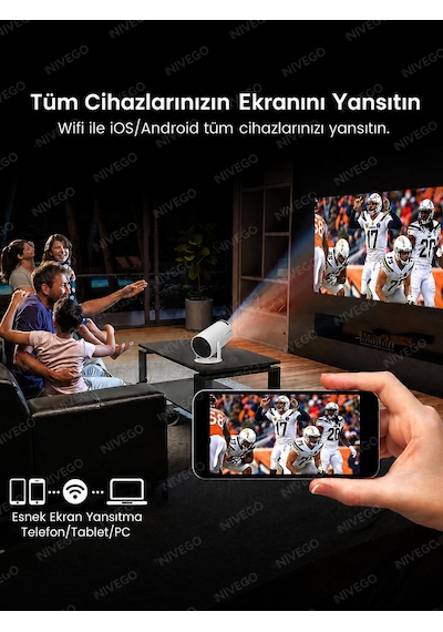 Nivego Kablosuz Projeksiyon Cihazı 130 İnç Destekli Android Uyumlu Mini Projektör Wifi Ekran Yansıtma Ev Sinema Cihazı