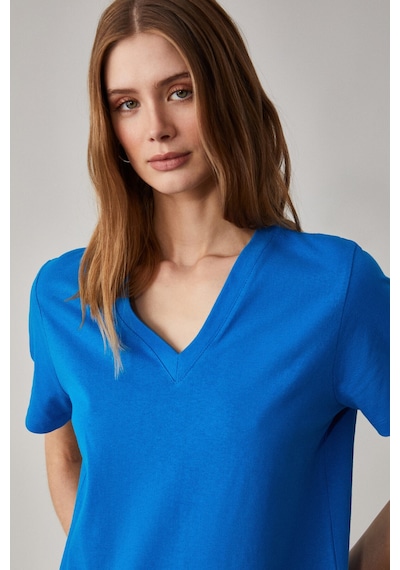 Grımelange ALINE Kadın %100 organik Pamuk Derin V Yakalı Comfort Fit Parlament Mavi T-Shirt