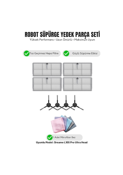 Dreame L10s Pro Ultra Head İle Uyumlu 4 Yan Fırça 4 Filtre 1 Temizlik Bezi 10.0