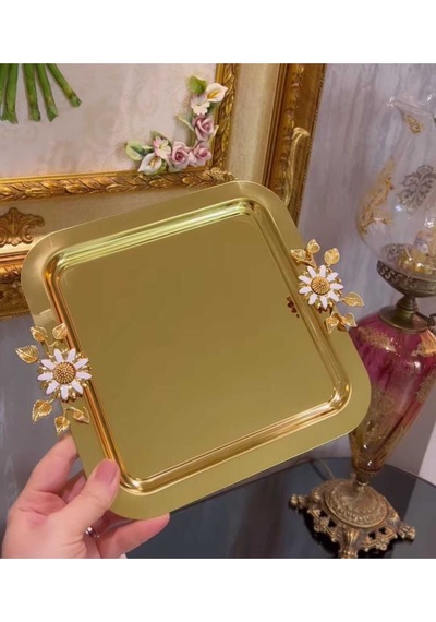 Atabey Home Collection 6'lı Kahve & Çay & Sunum Tepsisi Çelik Gold Tepsi Papatya Model