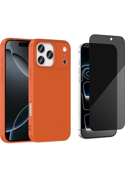 Apple Uyumlu iPhone 17 Pro Max Içi Kadife Lansman Kılıf Ve Hayalet Tam Kaplayan Cam Ekran Koruyucu Turuncu