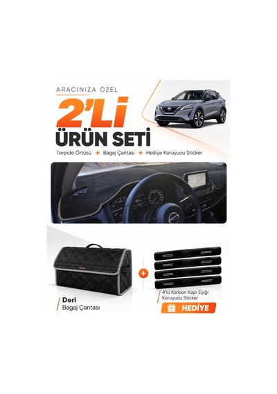 E-biz Nissan Qashqaı 2021-2024 Uyumlu Torpido Örtüsü + Deri Bagaj Çantası Seti - Siyah-gri - Nı021