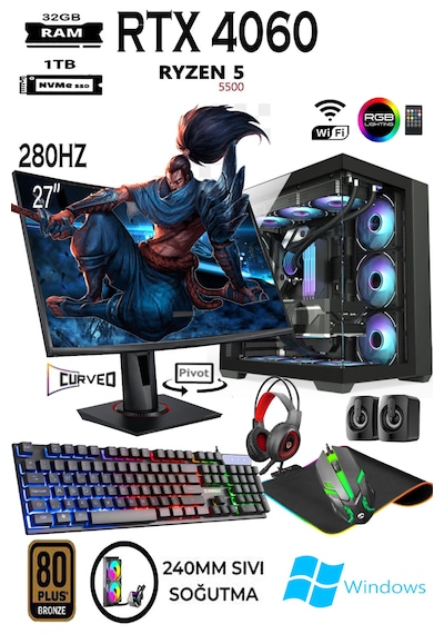 Apphirex TC28 R5-5500 32 GB 1TB M.2 SSD RTX4060 8 GB 27'' W10P Masaüstü Oyuncu Bilgisayarı