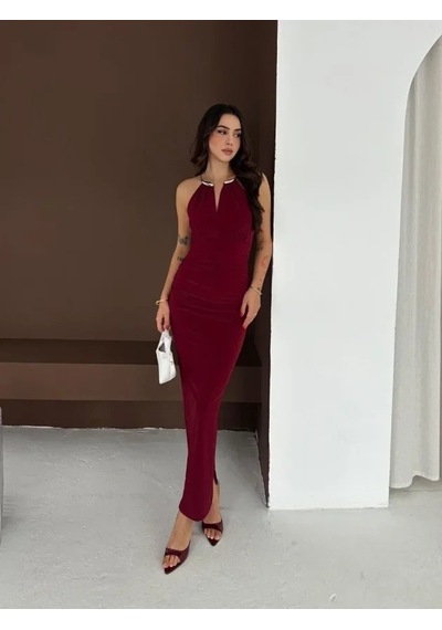 Valensdesign Uzun Abiye Elbise Yırtmaçlı Sırt Dekolteli Şık Gece Elbisesi - Bordo