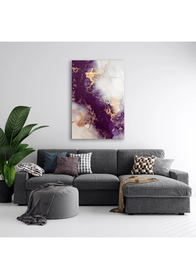 Mor Altın Mermer Cam Tablo Dikey 35x50 Cm
