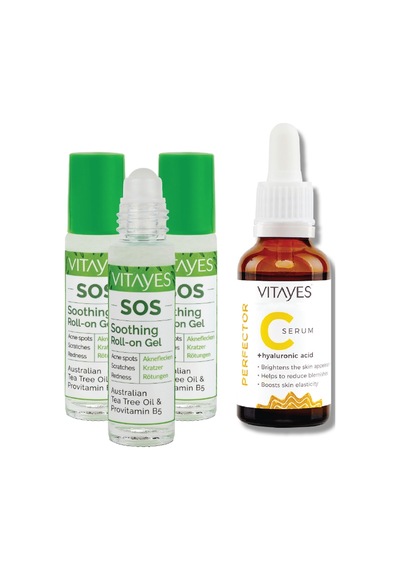 Vitayes Hyaluronic Acid Vitamin C Serum 30 ML + Sos Çay Ağacı Özlü Onarıcı Roll-On Serum 3 x 10 ML
