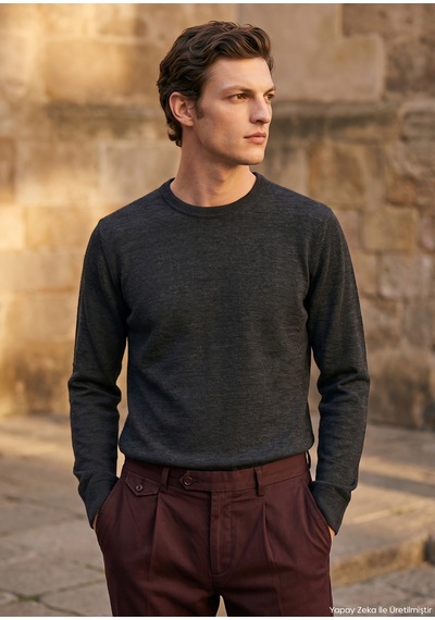 Ramsey Antrasit Bisiklet Yaka Düz Örgü Yün Karışımlı Triko Kazak Antrasit