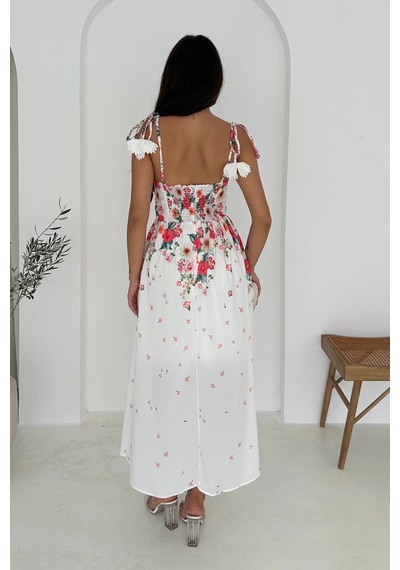Asprin Fashion Çiçek Desenli Elbise İthal Krep Kumaş Beyaz Beyaz