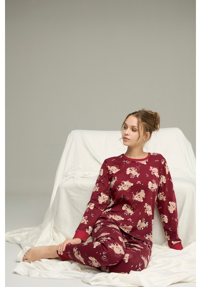 Siyah İnci Pamuklu Bisiklet Yaka Örme Pijama Takım25241141 Bordo