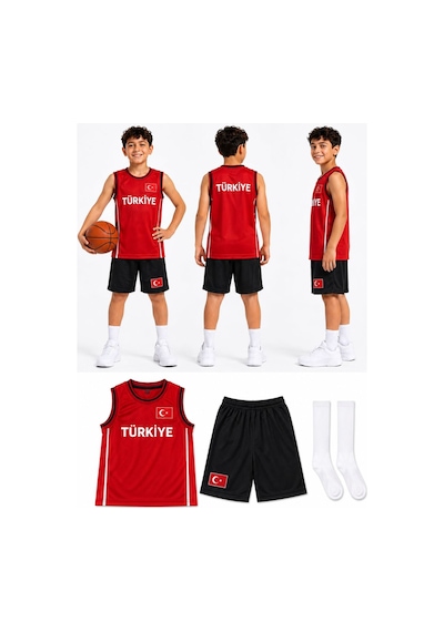 Sonvadi Çocuk Basketbol Forması Türkiye Armalı Kırmızı-siyah 3 Parça Çorap Kırmızı