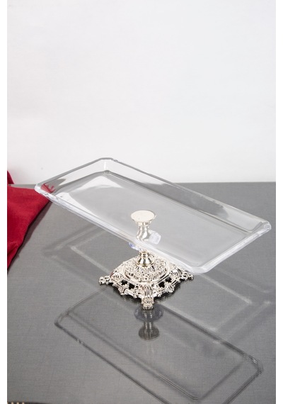 Argkristal Nude Gümüş Detaylı Dikdörtgen Tepsi Servis Sunum Tepsisi 30x14x15 Cm Gümüş