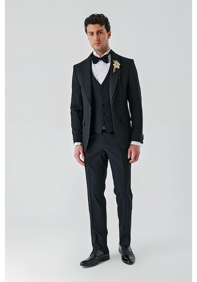 İmza Siyah Çıkarılabilir Şal Yaka Yelekli Likralı 6 Drop Slim Fit Smokin Damatlık 1001240203-Siyah