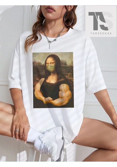 Startmore Mona Lisa Desenli Düşük Omuz Tişört Beyaz