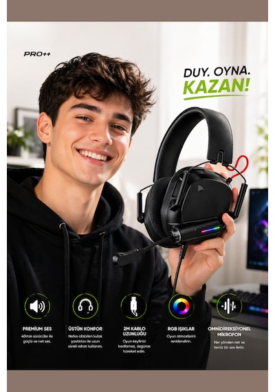 Rgb Işıklı Gaming Kulaklık 40mm Sürücü Omnidirectional Mikrofon 2m Kablo Usb-type-c Girişli