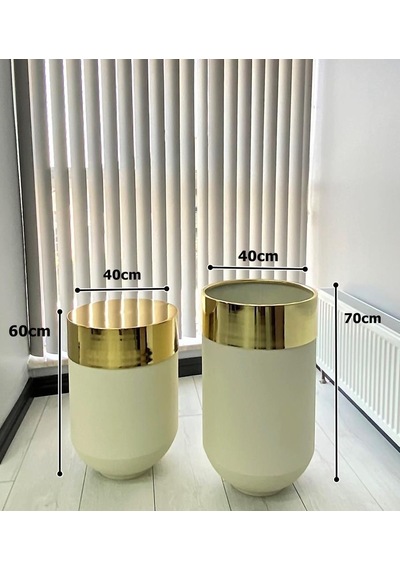 Dekoratif Gold Darbuka Beyaz Saksı 70cm + Sehpa 60cm İkili Set