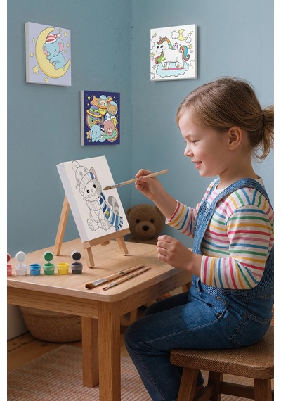 Bere Ve Atkılı Sevimli Kedi Temalı Çocuk Boyama Tuvali Şövaleli Eğitici Boyama Seti 20x20 Cm