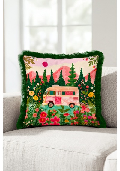 Çiçekli Karavan Manzara Saçaklı Yastık Kılıfı - Kamp Retro Bohem Pembe Yeşil Püsküllü Kırlent Kılıfı Kayıp Sahil Serenat Çiçekli Karavan Manzara Saçaklı Yastık Kılıfı - Kamp Retro Bohem Pembe Yeşil Püsküllü Kırlent Kılıfı Kayıp Sahil Serenat