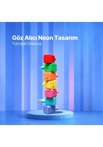 Ttec Smartcharger Gan 45W Avs PD Seyahat Hızlı Şarj Aleti + USB-C - USB-C 3A 120 CM Kablo Neon Mavi
