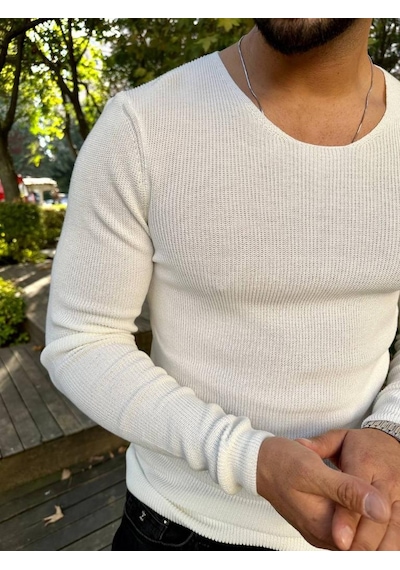 Elku Moda Kazak Örme Tüylenmez Naturel Pamuk Kazak Slim Fit Triko Dar Kesim Body Kazak Beyaz