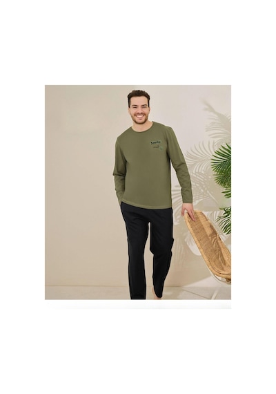 Pijamoni Erkek Pamuklu Bisiklet Yaka Uzun Kol İnce Pijama Takımı 6150/1 - 1 Adet Haki