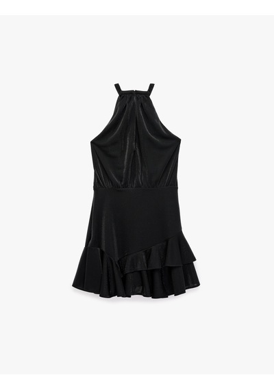 Koton Slim Fit Volanlı Kolsuz Halter Yaka Kadife Simli Mini Abiye Elbise Siyah 7wak80001fk