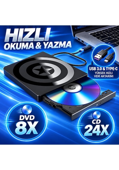 Valkyrie Harici Cd Dvd Okuyucu Yazıcı Usb 3.0 Type-c Hub Sd Tf Kart Okuyucu 4 Usb Portlu İnce Taşınabilir