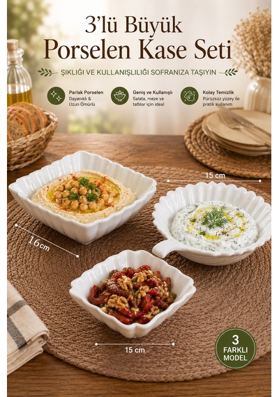 Porsima 3'lü Beyaz Porselen Kase Seti 3 Farklı Model Salata, Meze Ve Tatlı Sunum Kasesi 15 Cm - 16 Cm