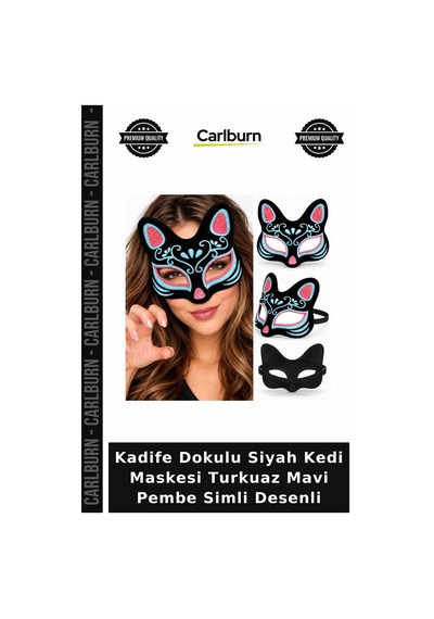 Kadife Dokulu Siyah Kedi Maskesi Turkuaz Mavi Pembe Simli Desenli Karnaval Takısı Ürün Dans "