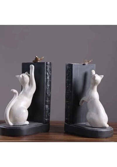 Dekoratif Kedi Figürlü İkili Kitap Tutucu Beyaz Renk