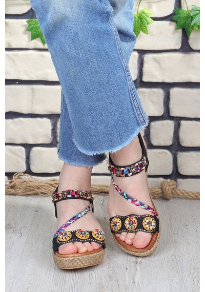 Vojo Daisy Rahat Taban Taş Boncuk Detaylı Kadın Sandalet 267800001858 01 Siyah Siyah