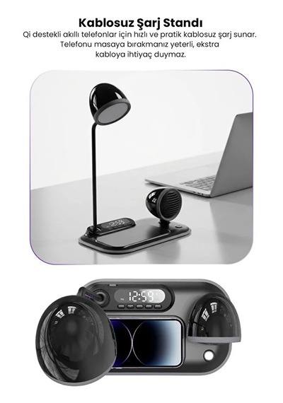 4-in-1 Kablosuz Şarj Standı İphone & Android Uyumlu, Siyah Masa Lambası Ve Bluetooth Hoparlörlü